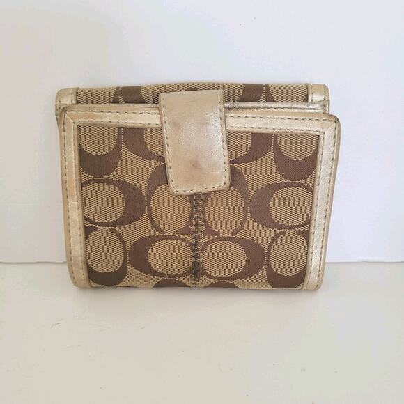 Coach Wallet Canvas Leather Signature Bifold 5x4 Medium Beige Compact Metallic - Picture 2 of 13